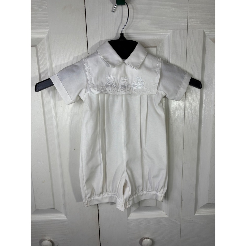 Vintage Will Beth White Teddy Bear Embroidered Romper 12 Months‎ Infant